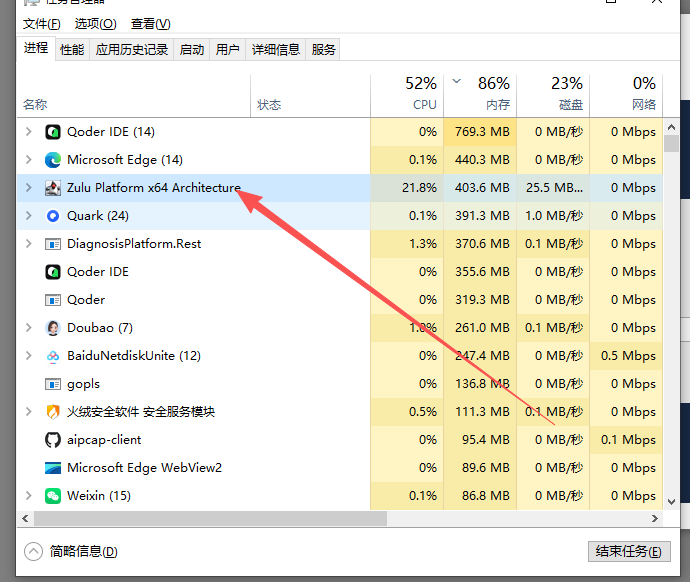 任务管理器中结束 Zulu Platform x64 Architecture 进程